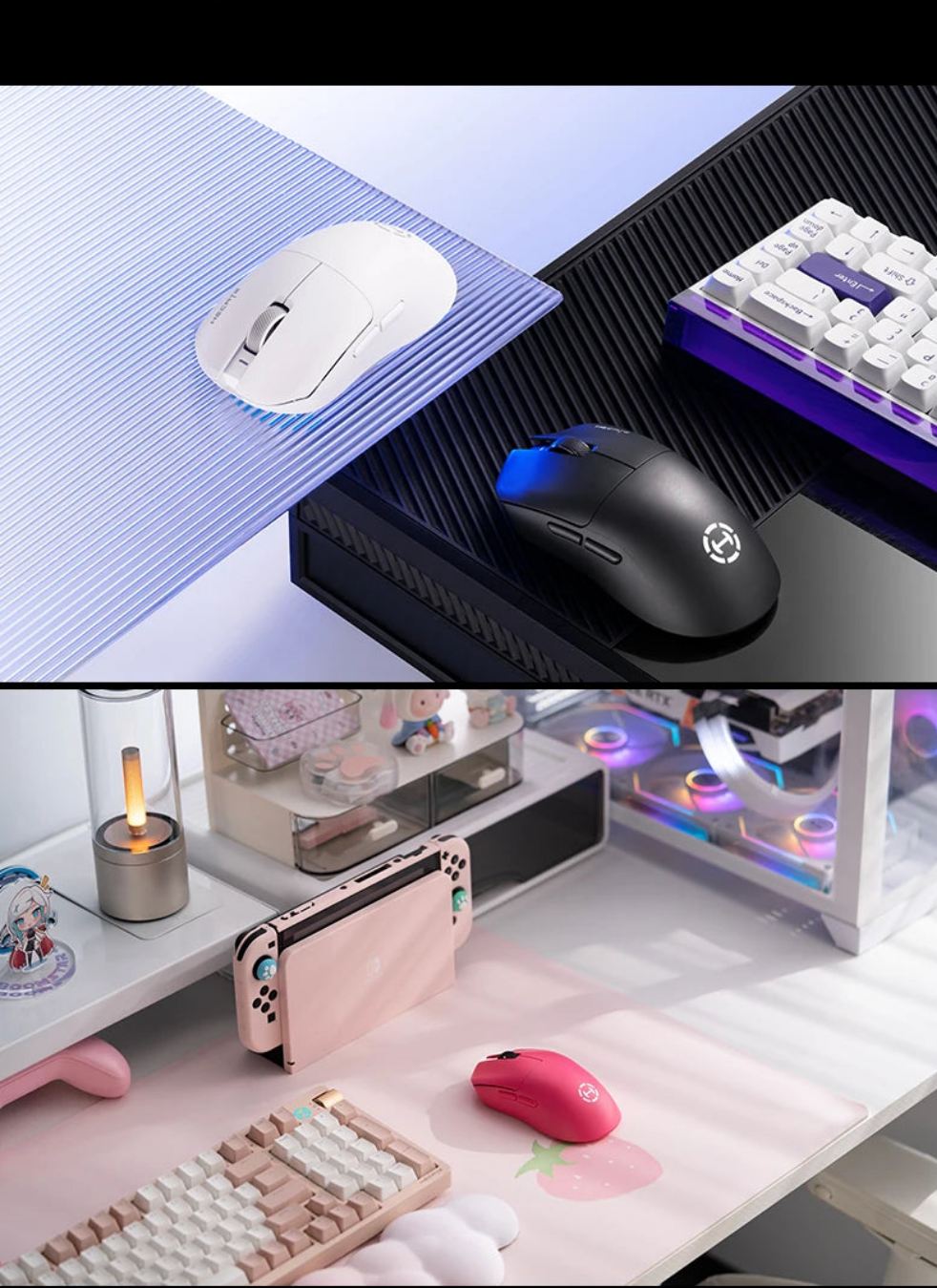 Two images of computer mice on desk mats with a keyboard in the background.