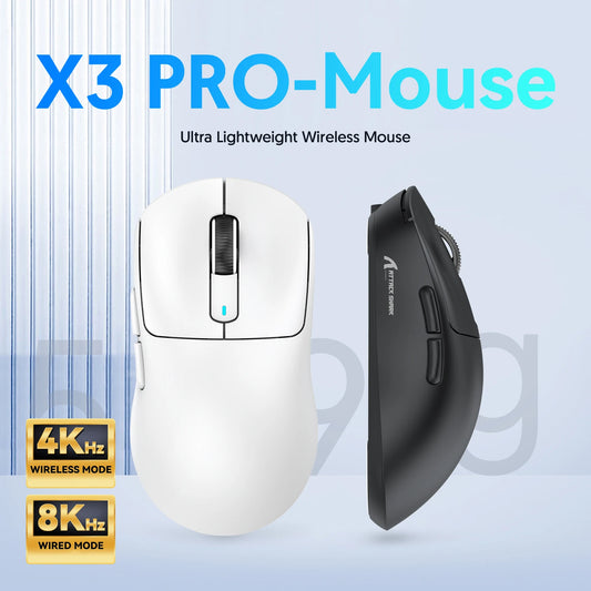 X3 Pro-Mouse ultra lightweight wireless mouse with 4KHz and 8KHz modes on a light blue background
