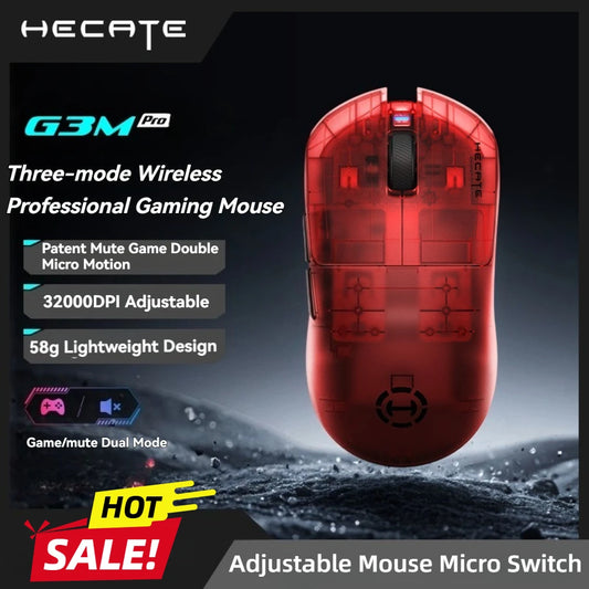 Red gaming mouse with HECATE branding and product features on a dark background