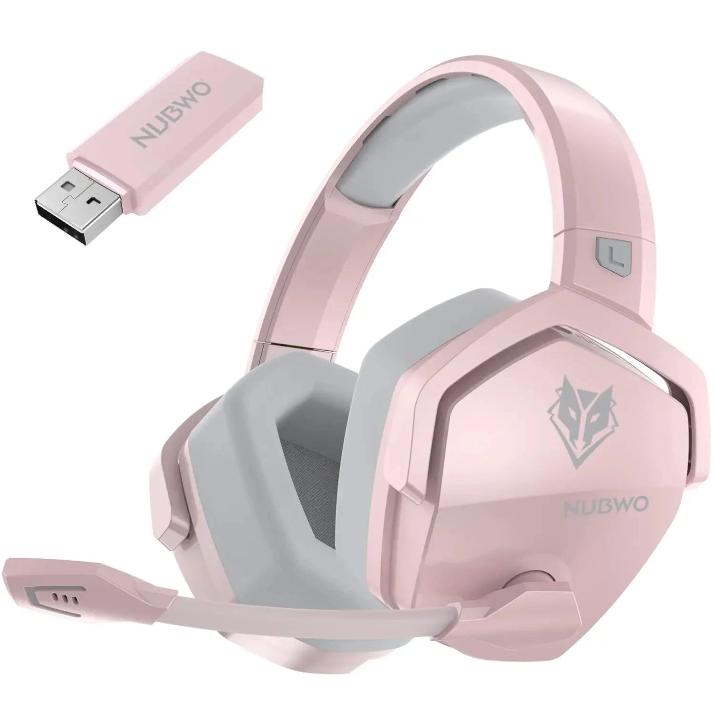 Pink gaming headset with USB stick on a white background