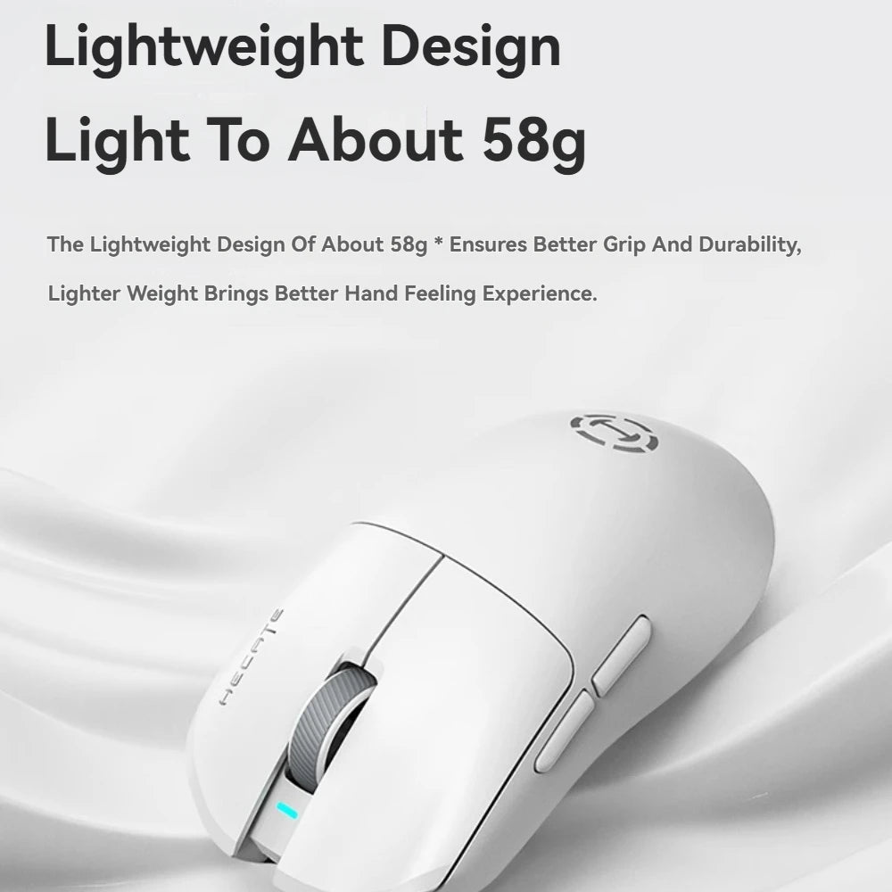 White gaming mouse with text about its lightweight design on a light gray background