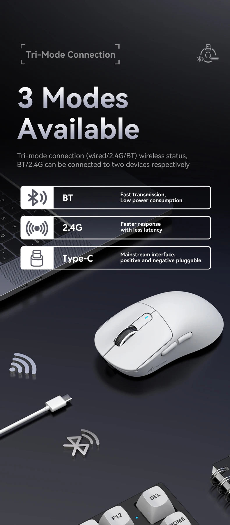 Wireless mouse with connectivity modes on a dark background
