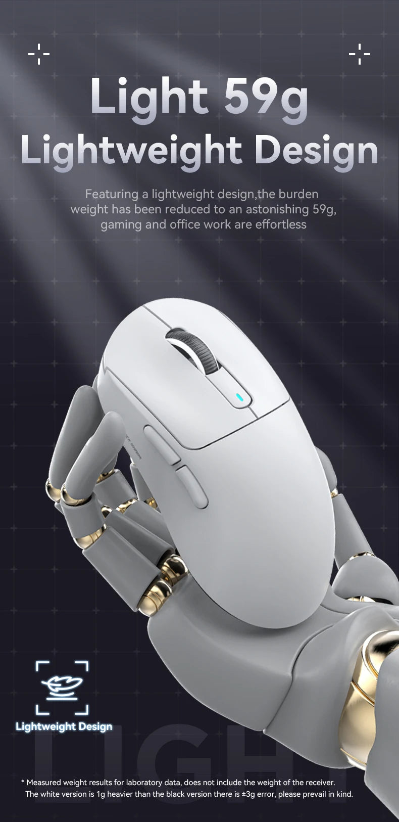 Wireless mouse with text highlighting its lightweight design on a dark background