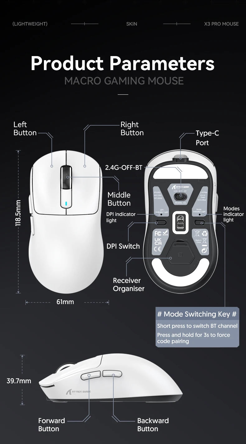 Gaming mouse with product parameters on a black background