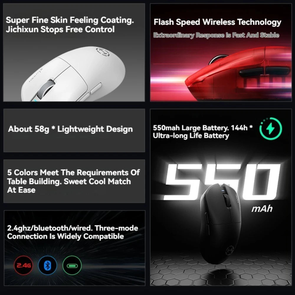 Gaming mouse with features highlighted on a black background