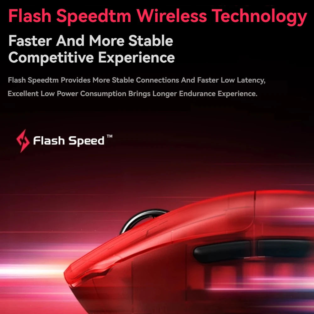 Red wireless mouse with 'Flash Speed' branding on a dark background