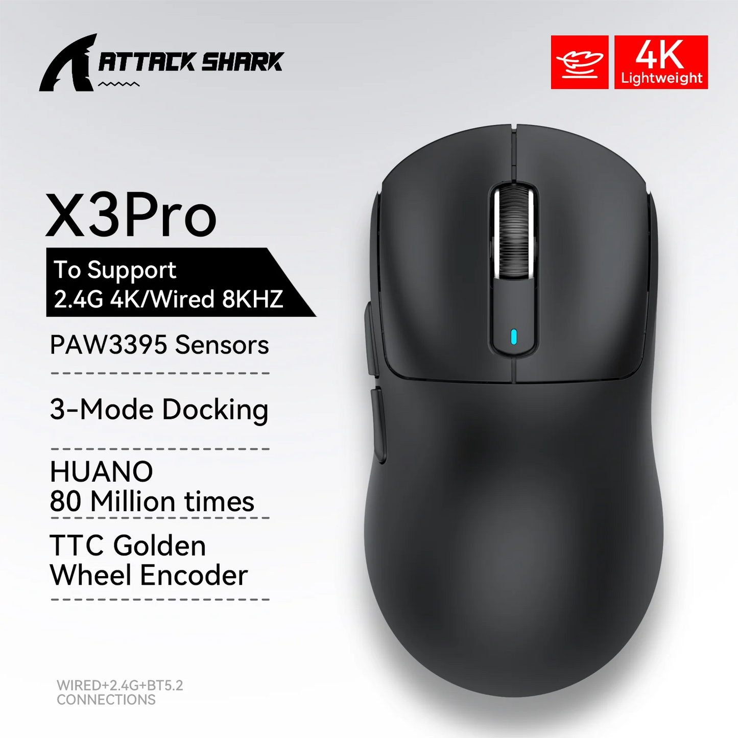 Black computer mouse with Attack Shark branding and product features on a white background