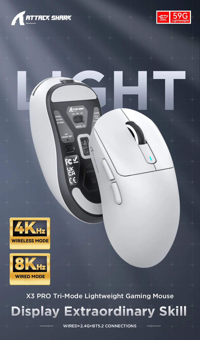 Gaming mouse with text highlighting features on a dark background