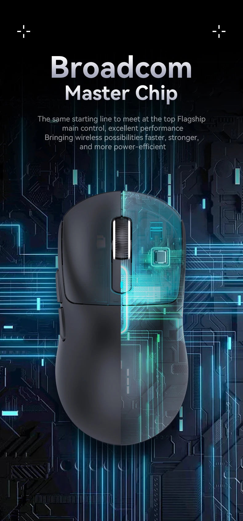 Mouse with text about Broadcom Master Chip on a futuristic circuit board background