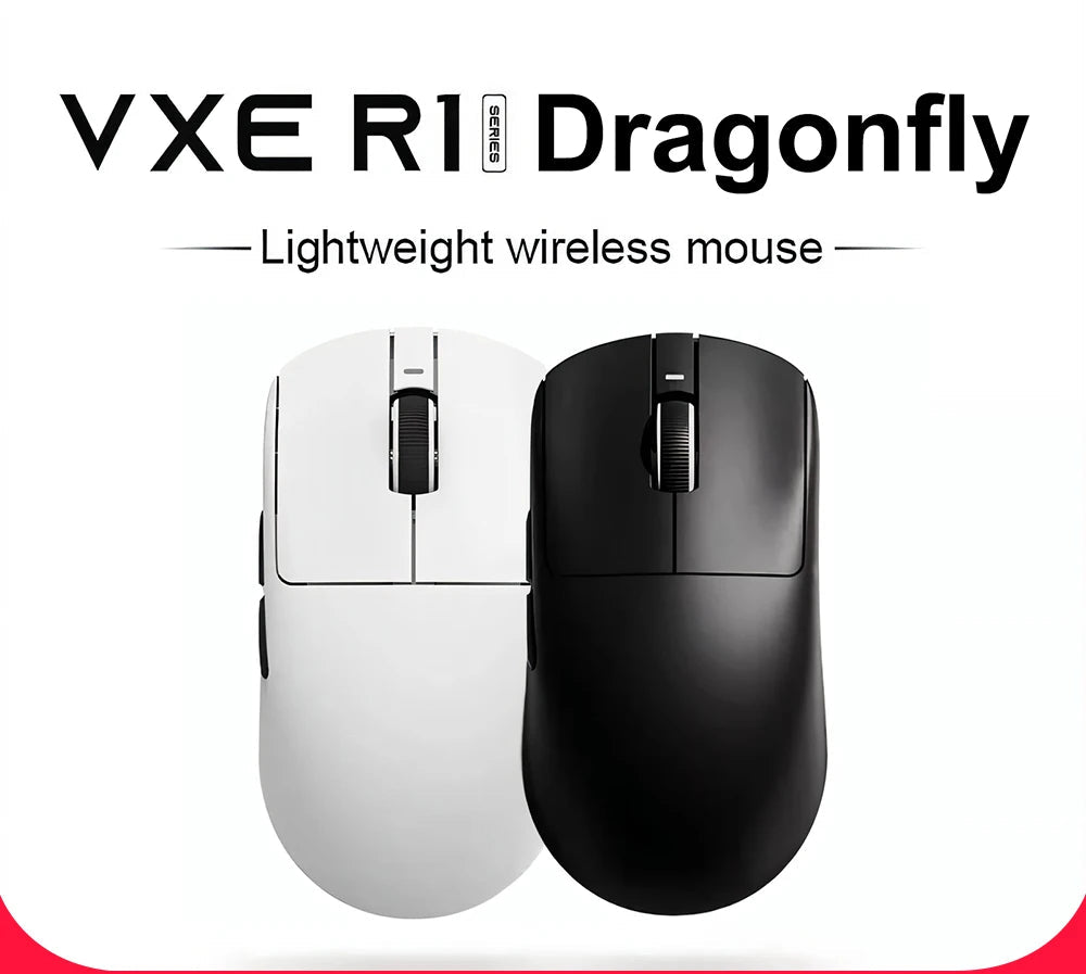 Two wireless mice, one black and one white, with 'VXE R1 Dragonfly' branding on a white background.