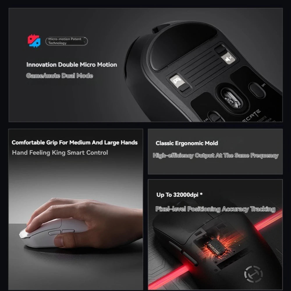 Technical specifications of a gaming mouse with close-up details and a hand holding the mouse.