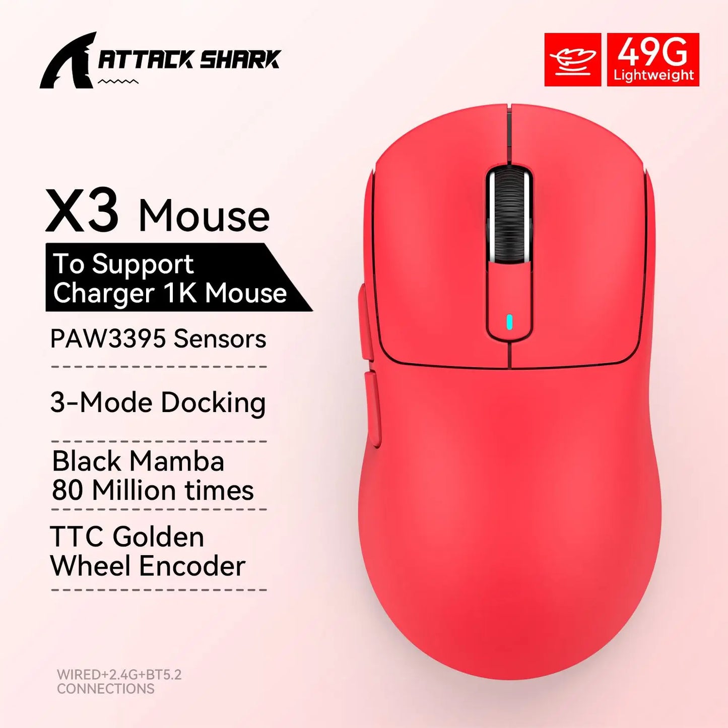 Red computer mouse with specifications on a light pink background, featuring the Attack Shark brand.