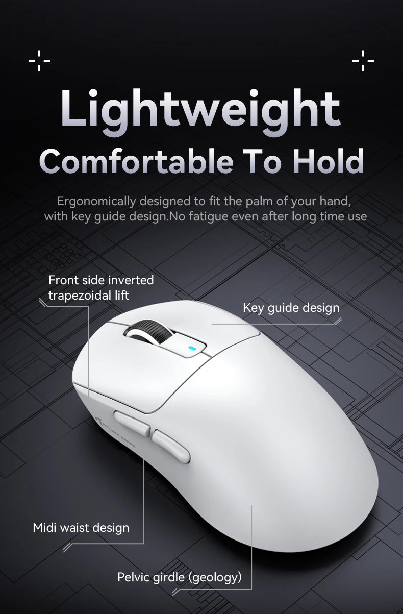 Ergonomic mouse with text highlighting features on a dark background