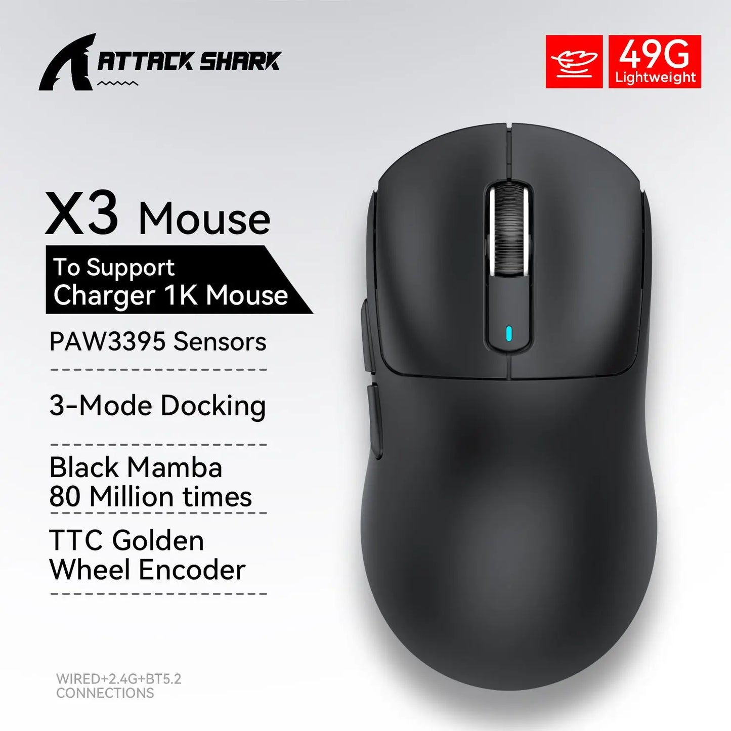 Black mouse with Attack Shark branding and specifications on a light gray background