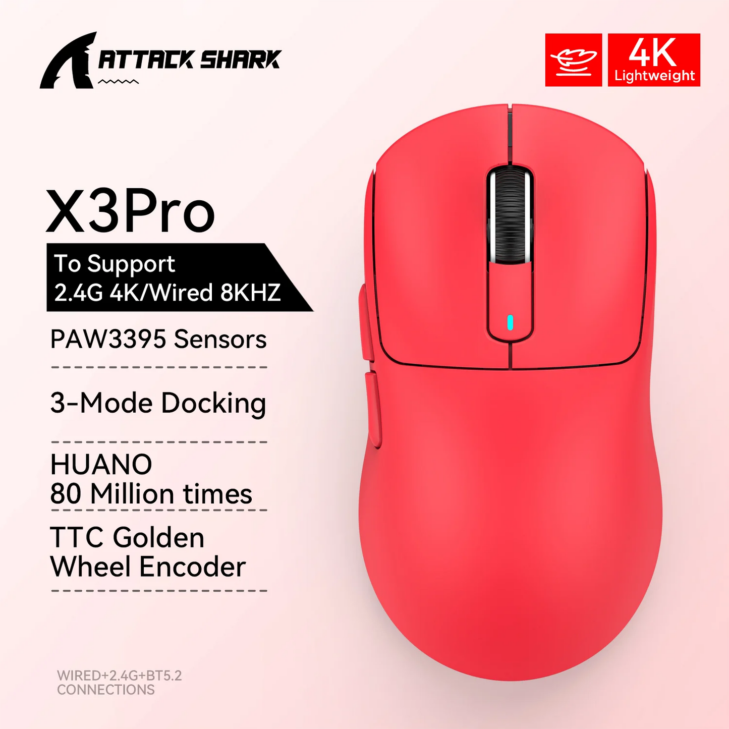 Red computer mouse with Attack Shark branding and specifications on a light pink background