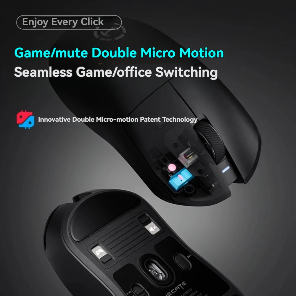 Black gaming mouse with text highlighting features on a dark background