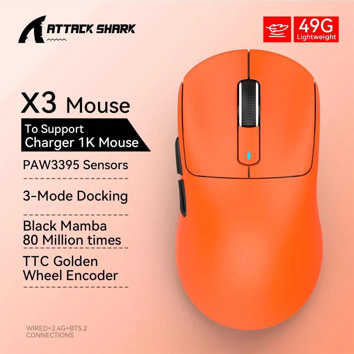 Orange computer mouse with specifications on a light pink background, featuring the Attack Shark brand.
