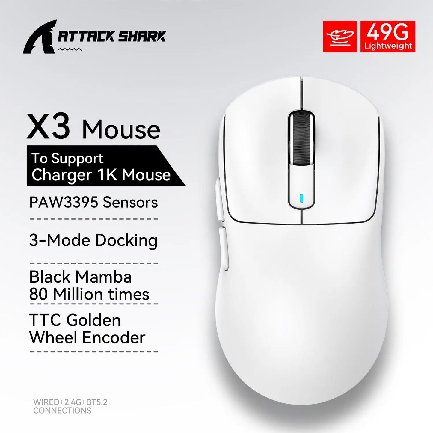 White computer mouse with features listed on a gray background, featuring the Attack Shark brand.