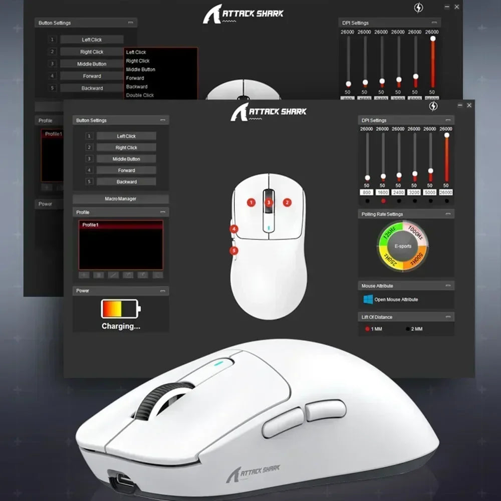 White gaming mouse with Attack Shark branding and software interface on a dark background