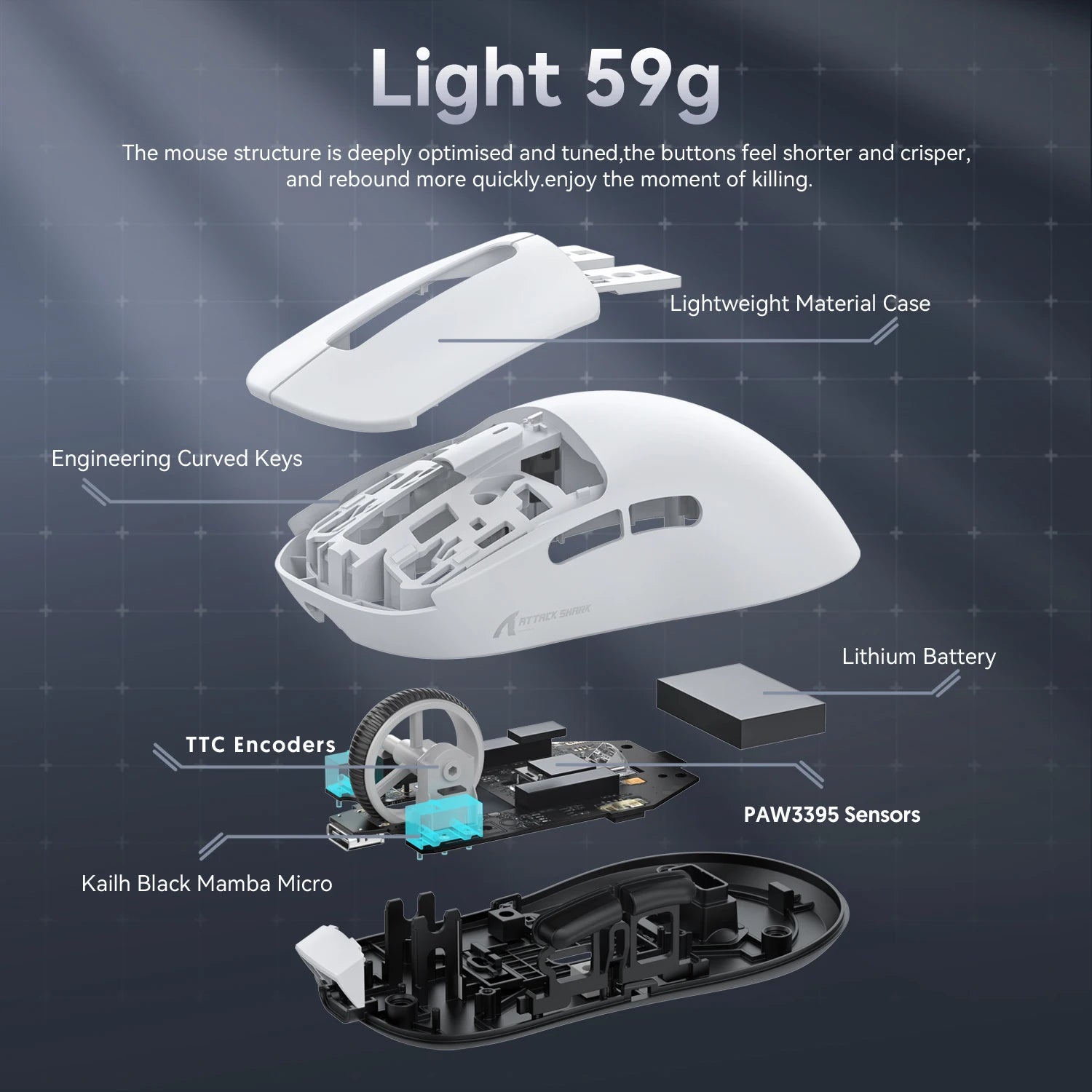 Disassembled gaming mouse with labeled components on a dark background