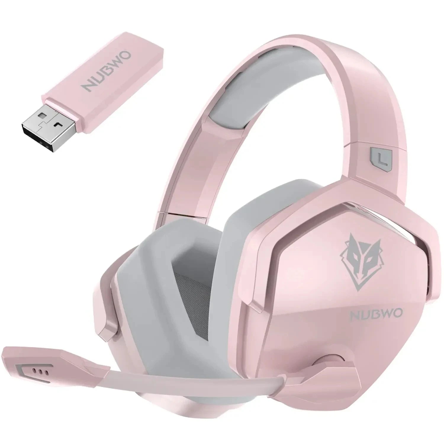 Pink gaming headset with USB stick on a white background