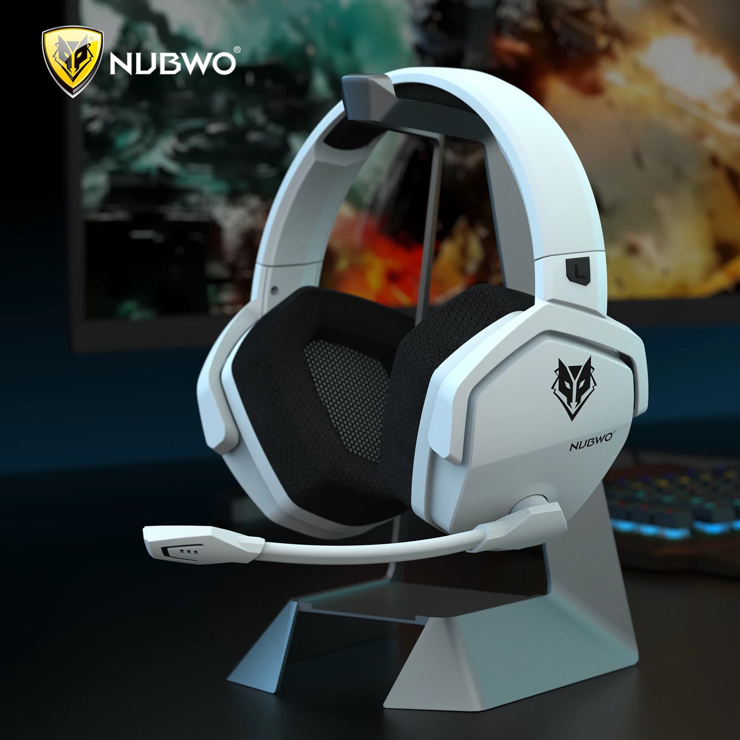Gaming headset with NUBWO logo on a stand in front of a blurred gaming setup