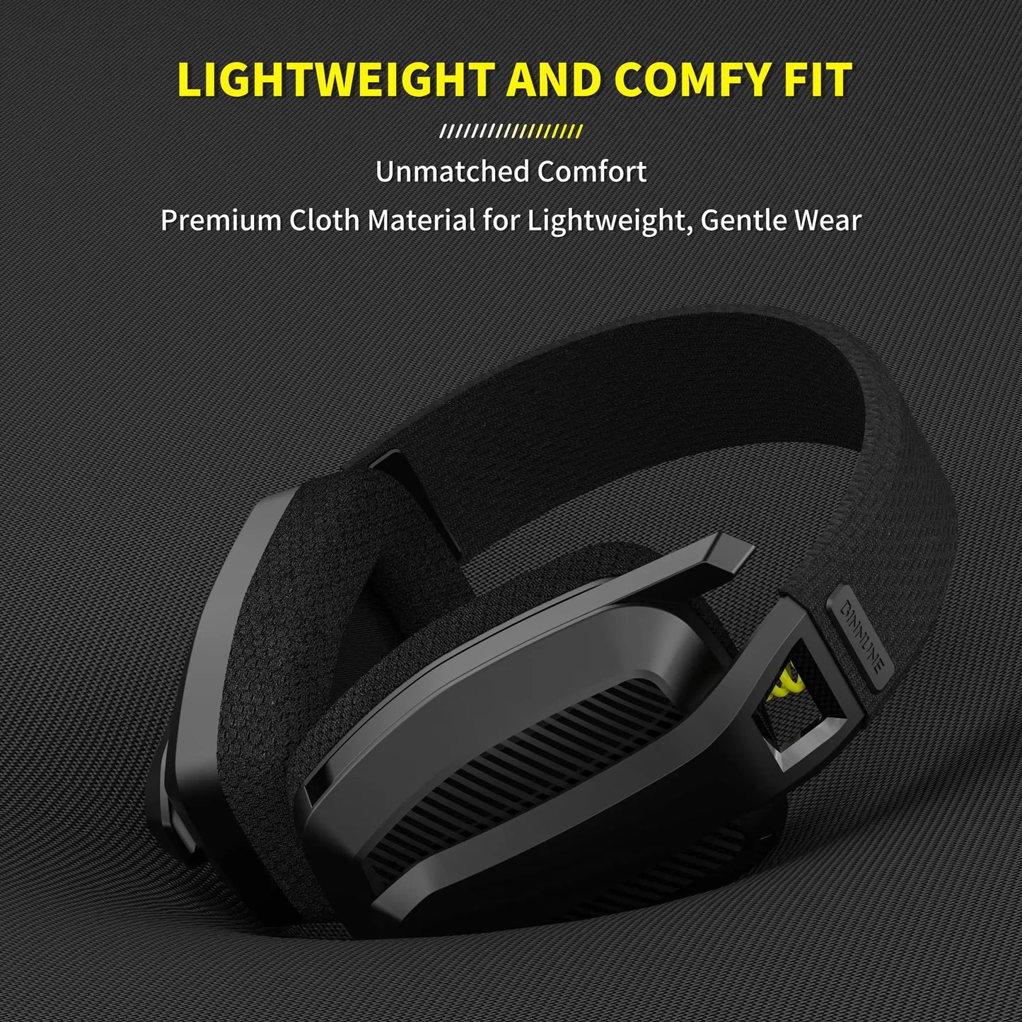 Black gaming headset on a dark background with text highlighting comfort and material.