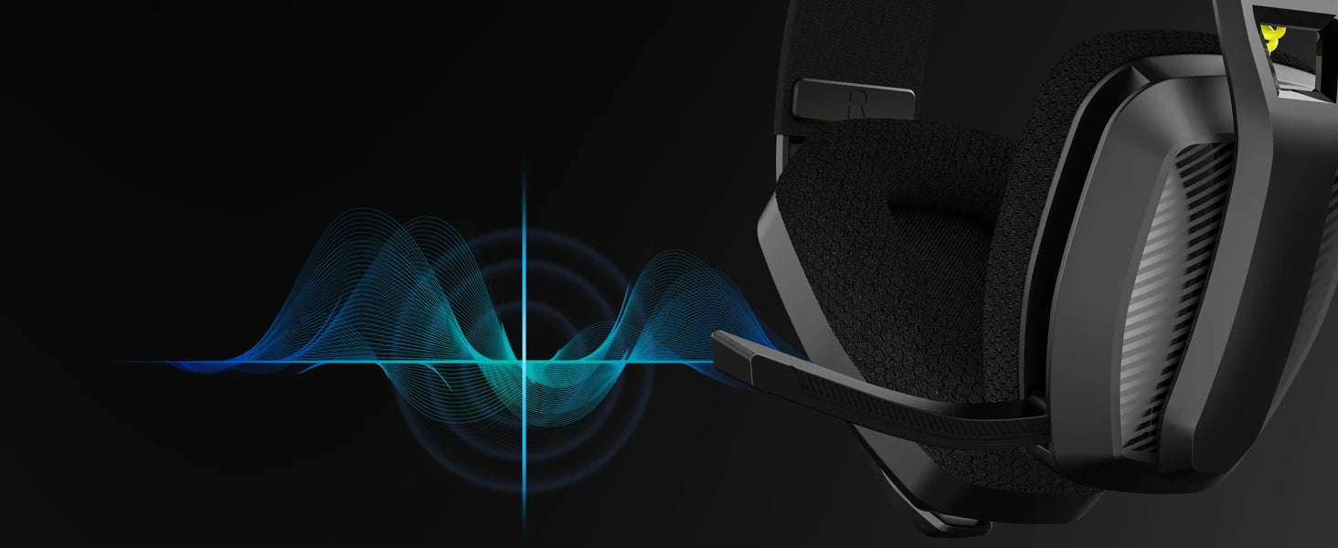 Gaming headset with sound wave graphic on a dark background