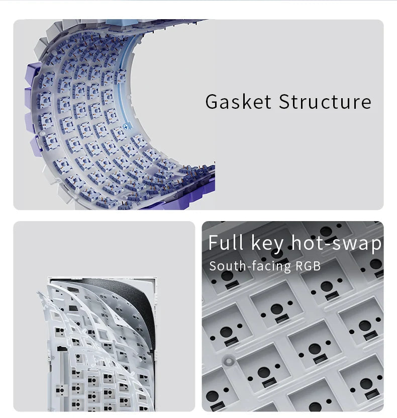 Gasket structure and key hot-swap design with South-facing RGB lighting on a white background.