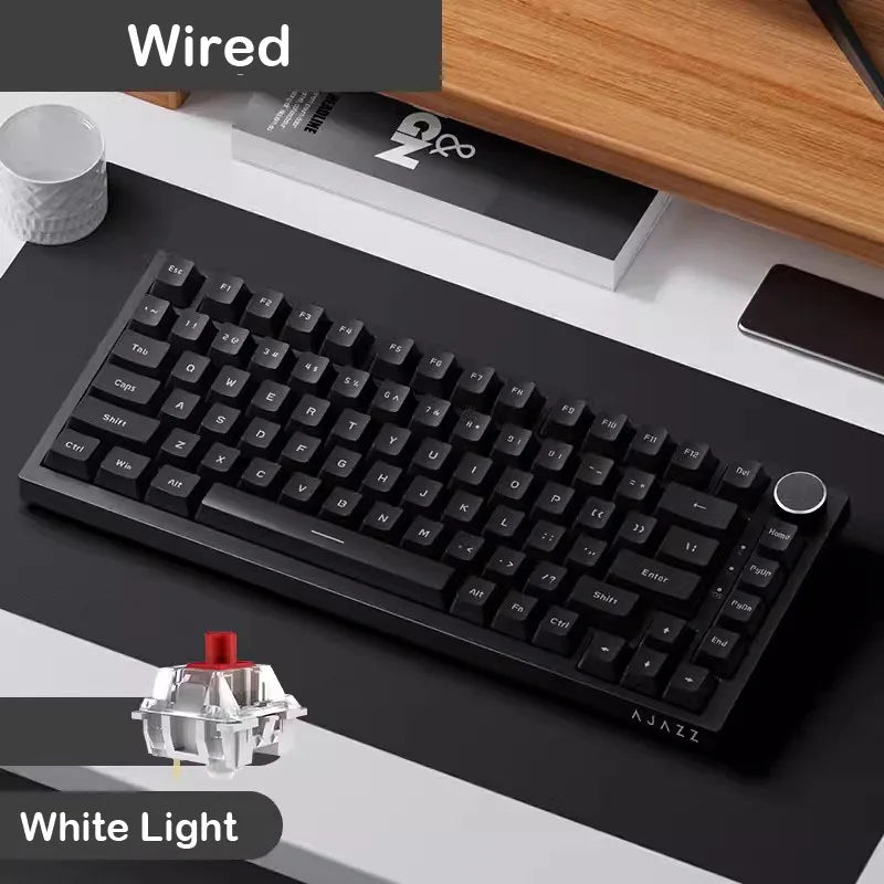 Black keyboard on a desk with a white light label