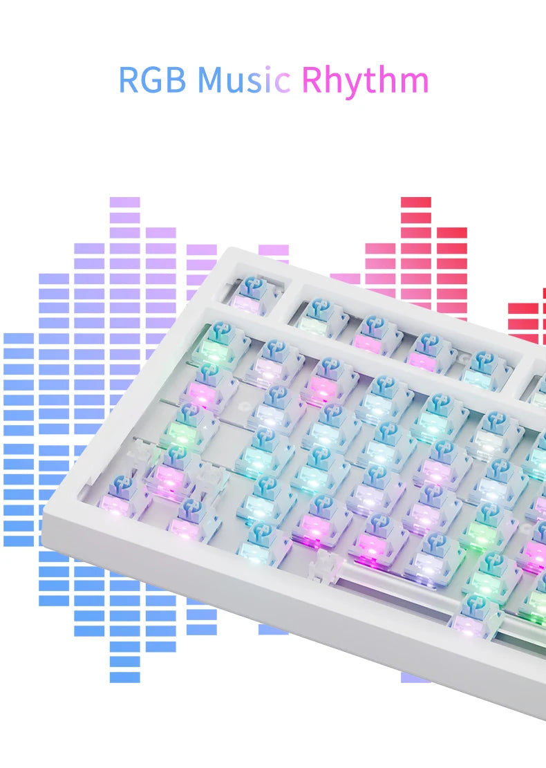 RGB keyboard with colorful backlighting on a white background with music equalizer graphics.