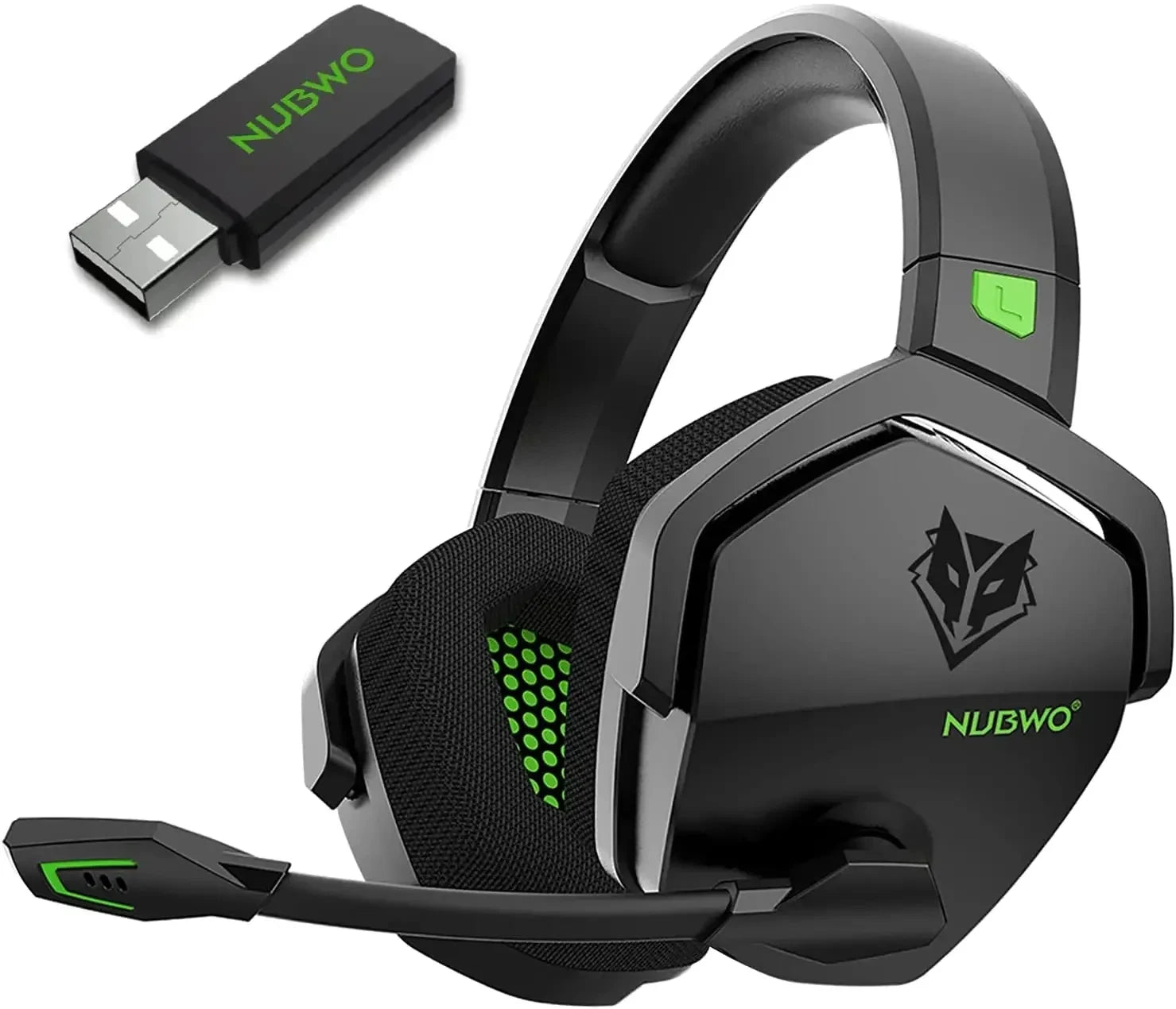 Black gaming headset with Nubwo logo and USB adapter on a white background