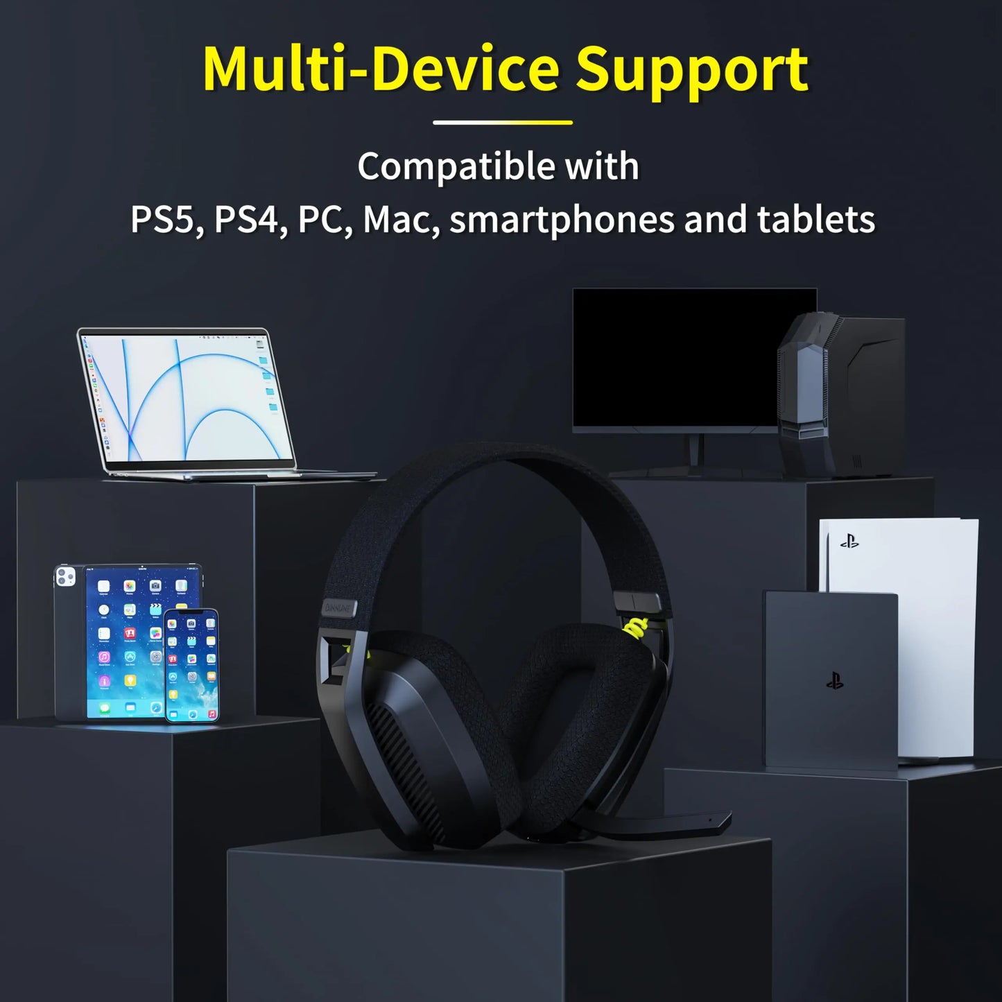 Black headphones displayed with electronic devices on a dark background, highlighting multi-device compatibility.