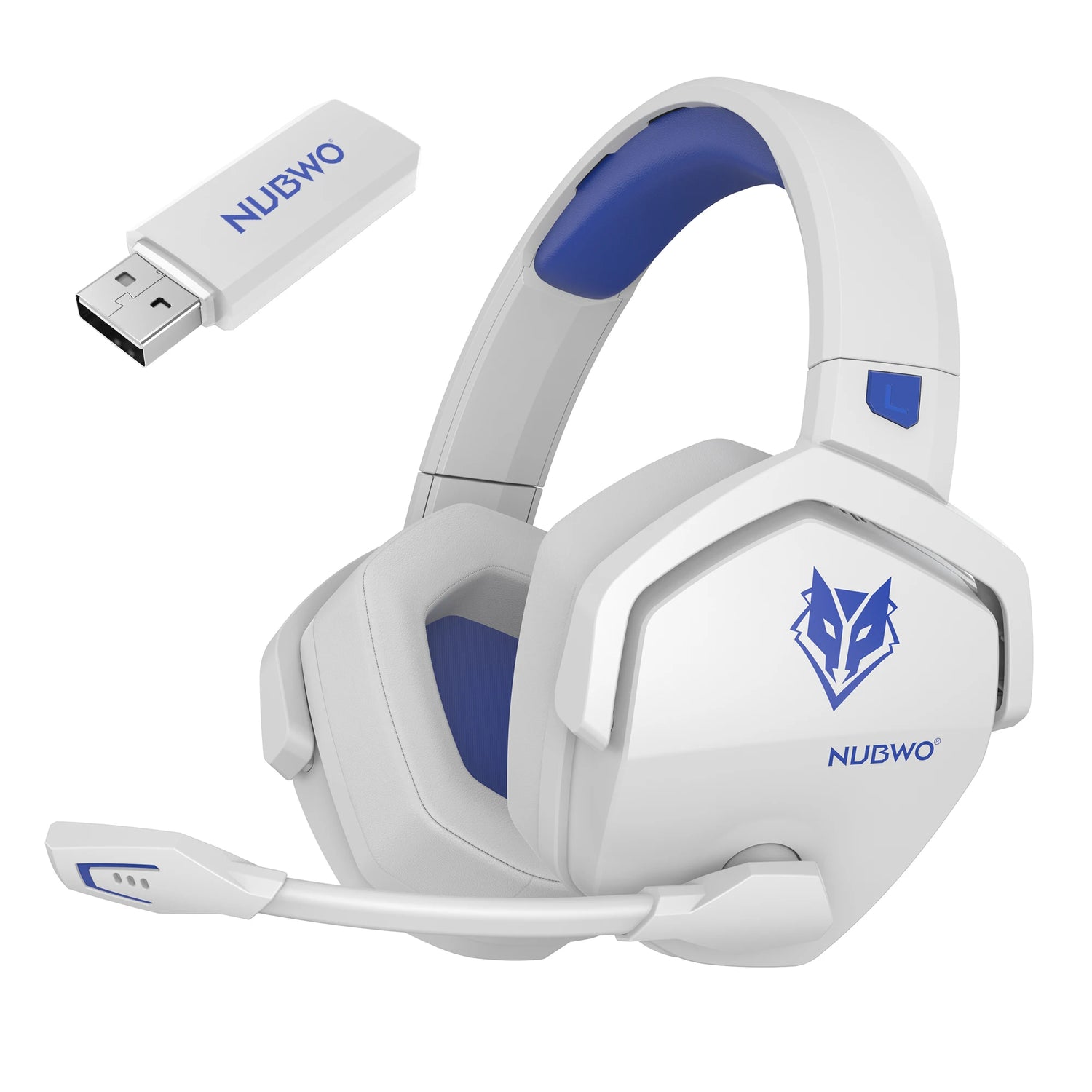 White gaming headset with blue accents and USB adapter on a white background
