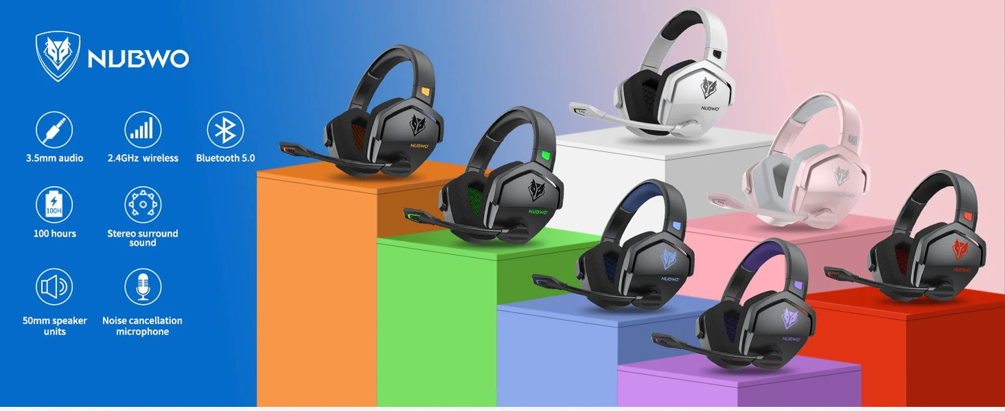 Multiple gaming headsets on colorful blocks with NUBWO branding and product features.