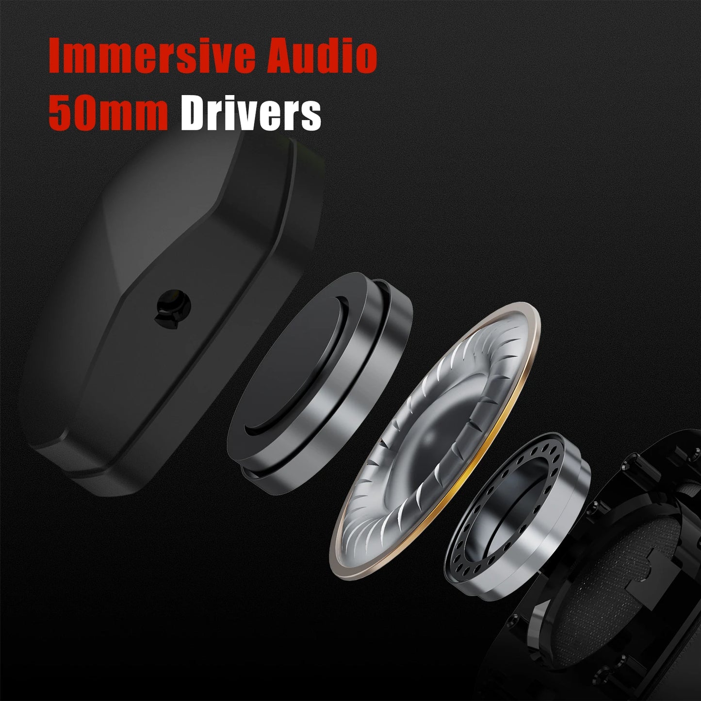 Speaker driver with 'Immersive Audio 50mm Drivers' text on a black background