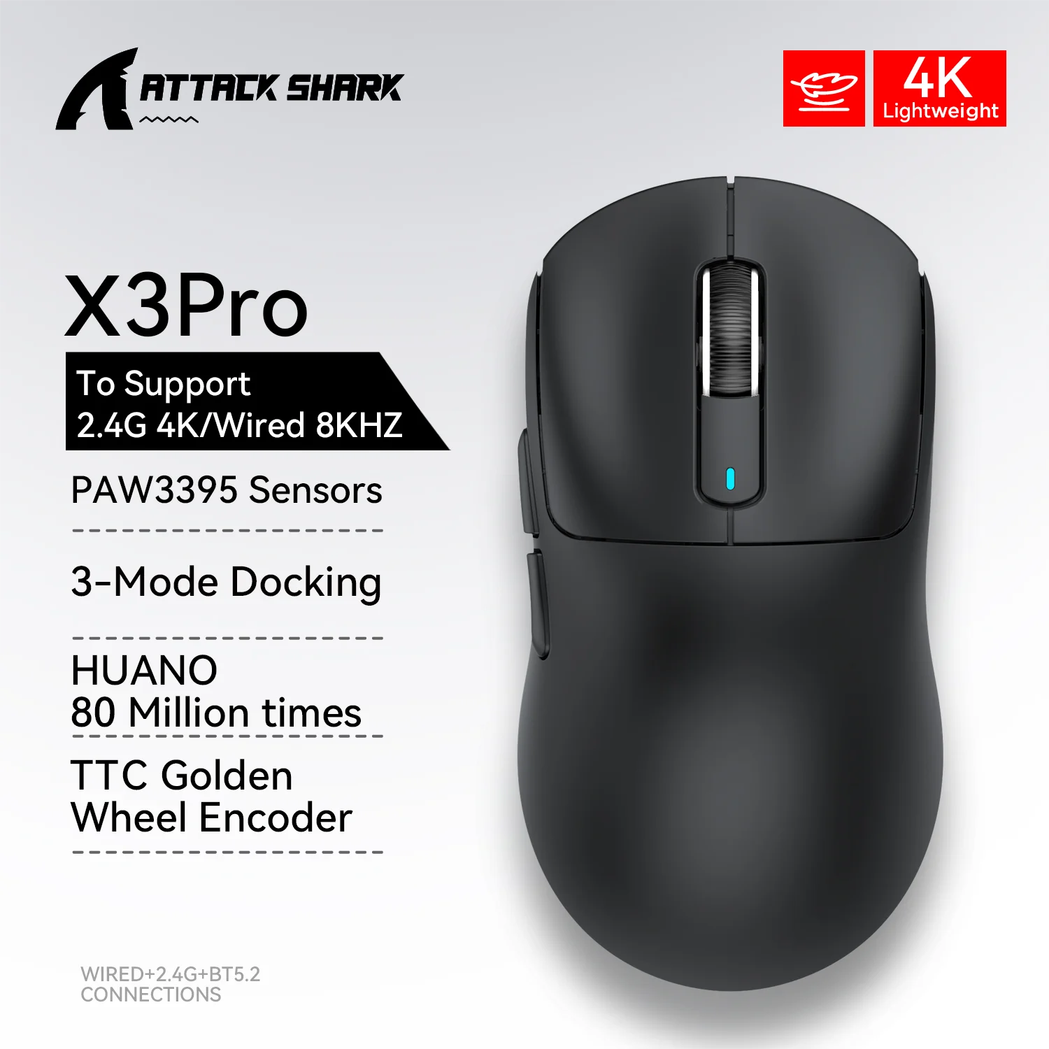 Black computer mouse with Attack Shark branding and product features on a white background