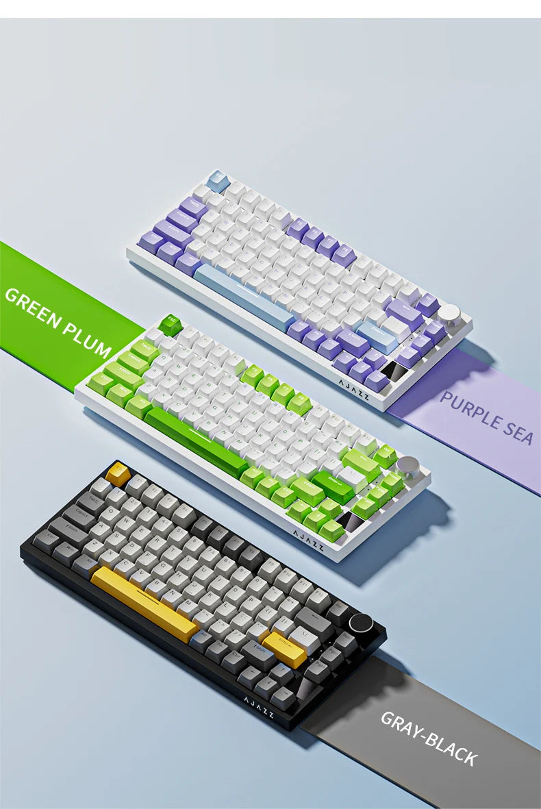 Three mechanical keyboards with different keycaps on a light blue background