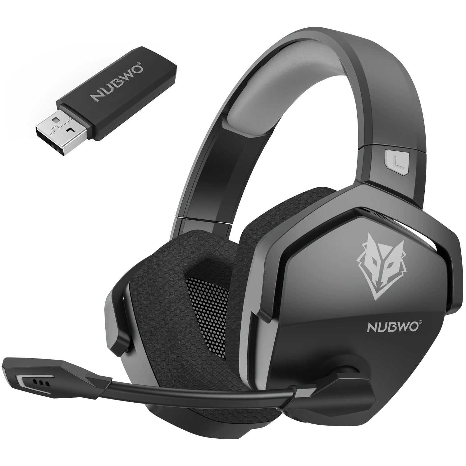 Black gaming headset with NUBWO logo and USB adapter on a white background