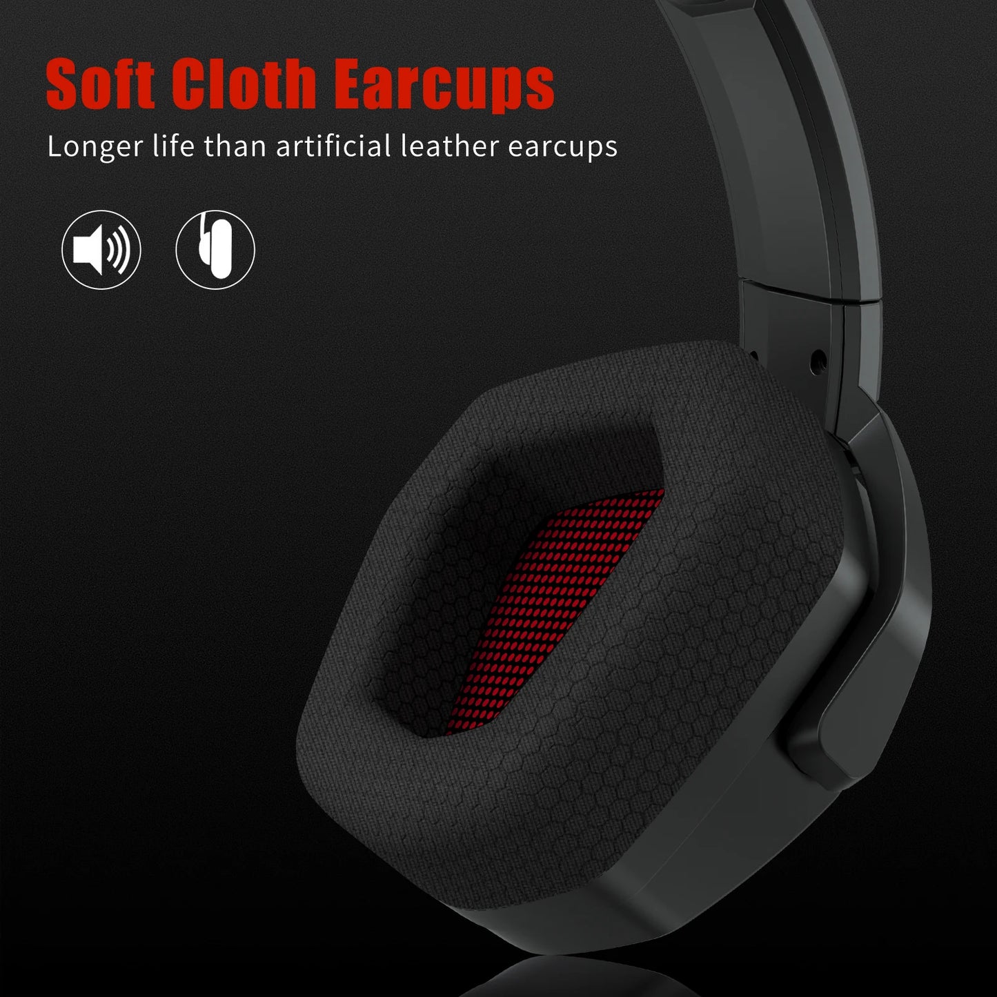 Black gaming headset with soft cloth earcups on a dark background