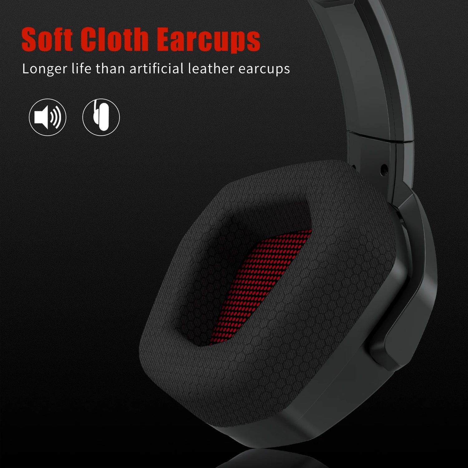 Black gaming headset with soft cloth earcups on a dark background