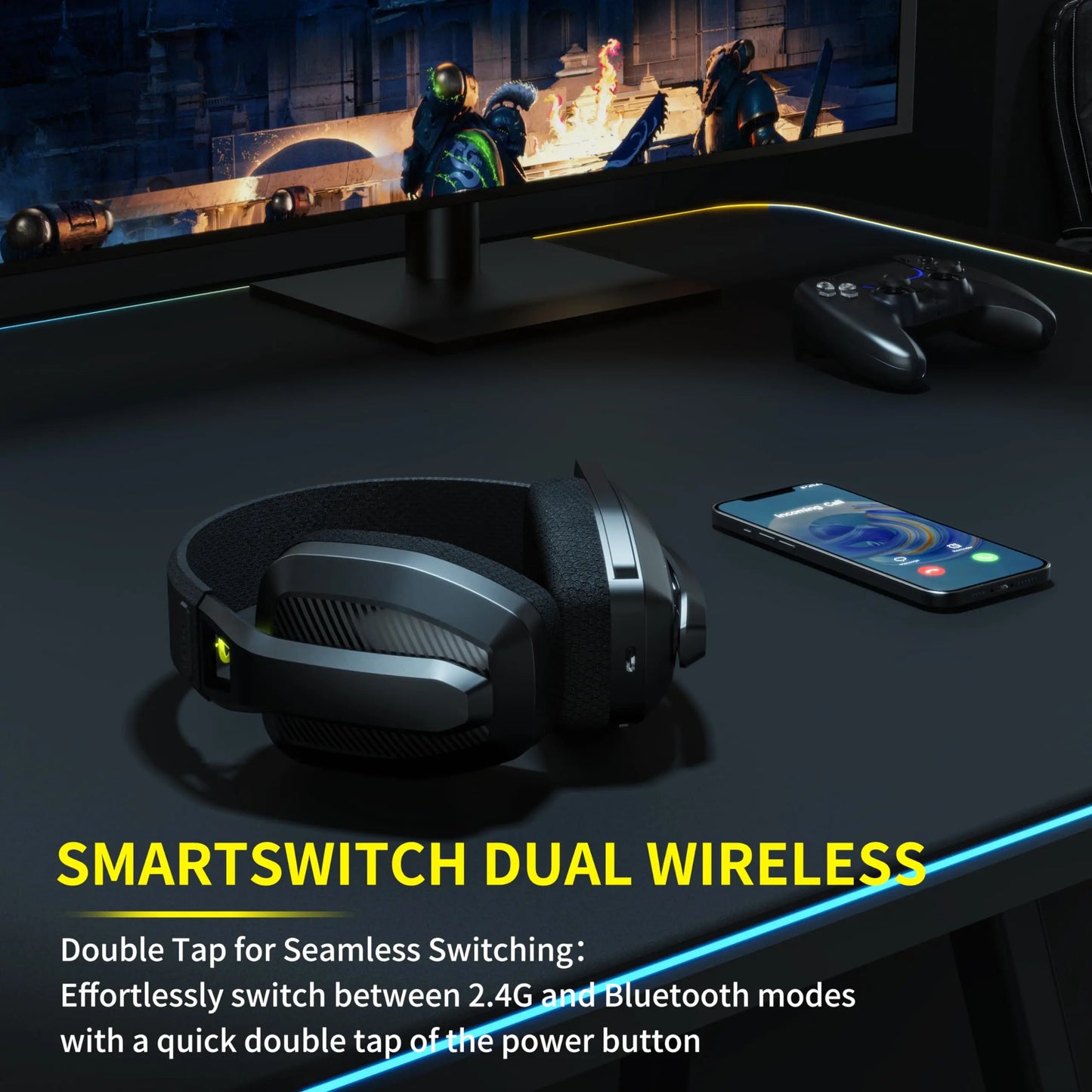 Gaming setup with headphones, smartphone, and TV displaying a scene on a dark surface.
