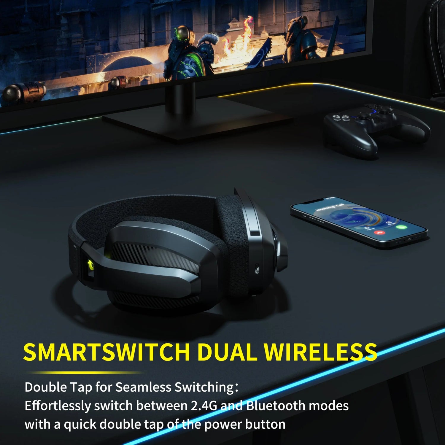 Gaming setup with headphones, smartphone, and TV displaying a scene on a dark surface.