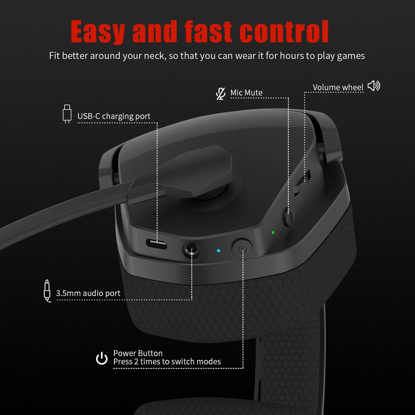 Black gaming headset with labeled features on a black background