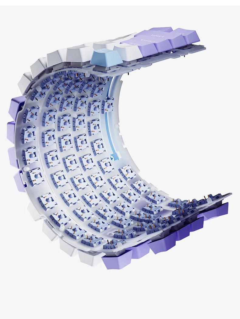Toy model of a crescent moon with purple and blue design on a white background