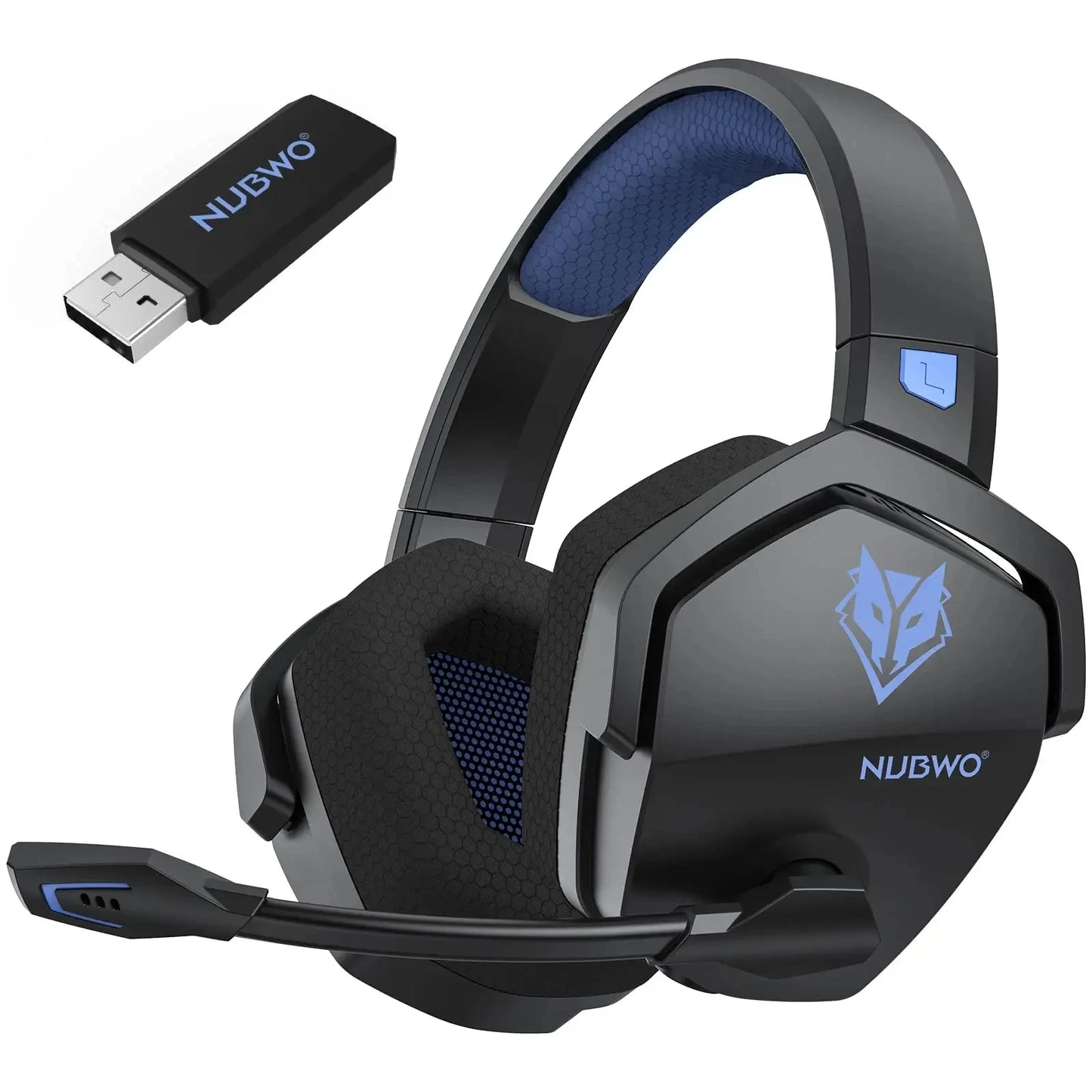 Black gaming headset with Nubwo logo and USB adapter on a white background
