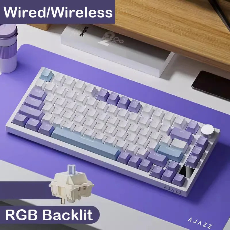 Mechanical keyboard with RGB backlit on a desk, featuring 'Wired/Wireless' and 'AJAZZ' branding.