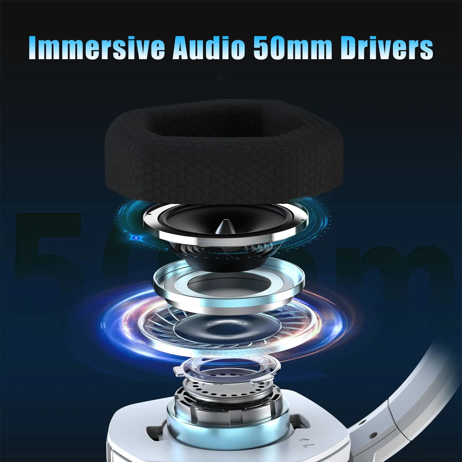 Illustration of a speaker driver with 'Immersive Audio 50mm Drivers' text on a dark background.