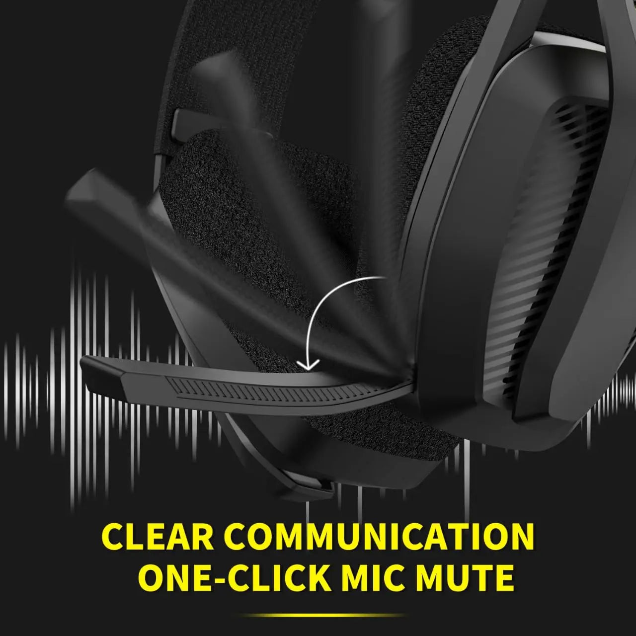 Black gaming headset with one-click mic mute feature on a black background