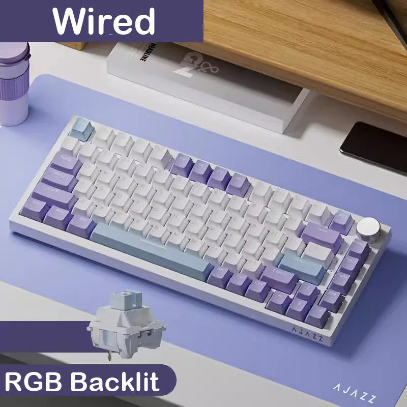 Mechanical keyboard with RGB backlit on a desk, featuring the brand 'AJAZZ'.